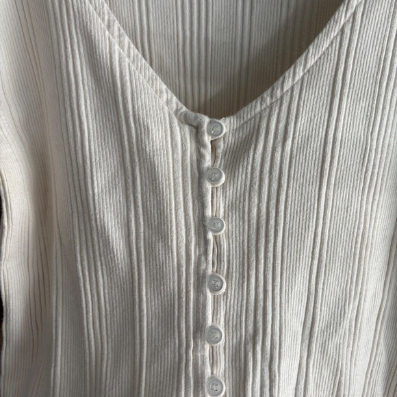 Anthropologie White Long Sleeve Ribbed Button Up V-Neck Sweater Top - Picture 4 of 5